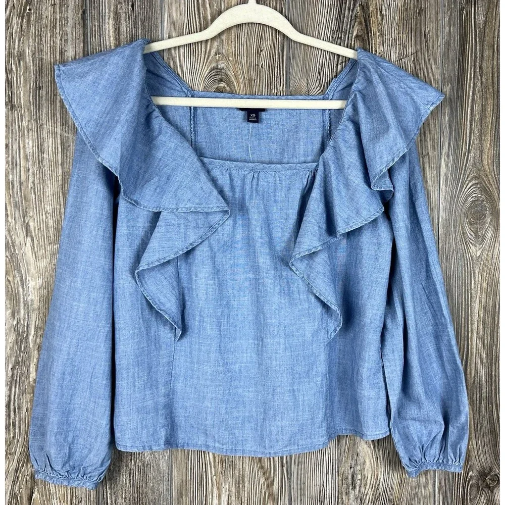 J. Crew Chambray Ruffle Square Neck Blouse XS Beach Coastal Romantic Cottagecore